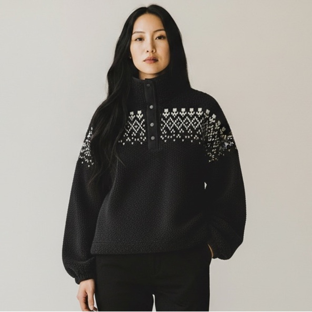 LOFT Black Embroidered Fair Isle Sherpa Teddy Pullover Sweater - Women